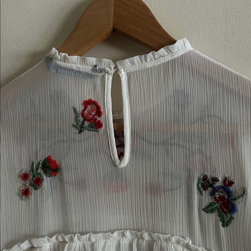 Zara Ivory Floral Whimsy Boho Embroidered Chiffon Tiered Lined Mini Dress Med - Picture 11 of 16